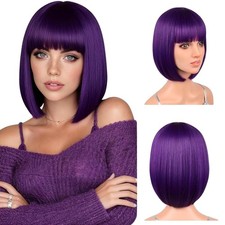 Bob Wig, 12 Inch Short Bob Dark Purple Wig with Bangs, Synthetic Heat Resistant