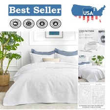 Durable King Size Quilt Set - White Coin Pattern Bedspread for Families  Pets