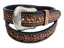 Rodeo Western Two Tone Belt Tooled Leather Cow Hair Inlay Studded Size 44