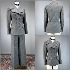 VTG Mod 70s EPIC Butterfly Collar WINDSMOOR ENGLAND Wool Gray Heather Pant Suit
