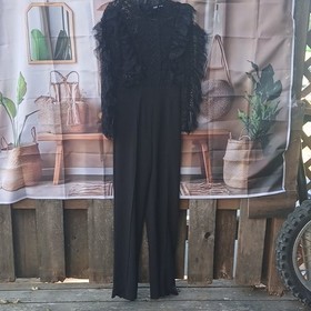 Fashion Nova Women's Black Floral Lace Jumpsuit Ruffle Sleeve High Neck M