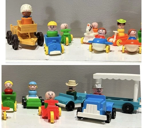Lot Vintage Fisher Price Little People 12 People, 13 Vehicles