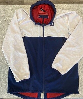 UNDER ARMOUR Mens Red White Blue Hooded Sportstyle Fish Tail Rain Jacket -Large