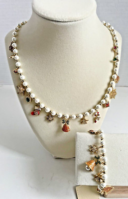 Eye Candy LA Luxe Shell Pearl CZ Christmas Charm Necklace & Bracelet Set NWT