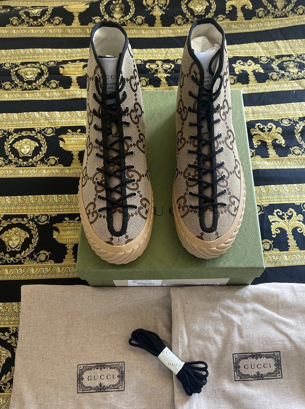 NOUVELLES BASKETS AUTHENTIQUES GUCCI MACRO GG MONOGRAMME CAMEL TOILE ÉBÈNE G 11,5 US 12