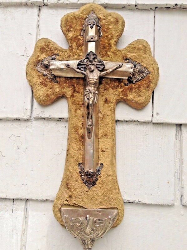 1860'S HOLY WATER FONT CROSS VELVET CROSS ACANTHUS RECEPTACLE SHABBY CHIC 