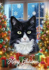 Tuxedo Black/White Cat Merry Christmas Flag