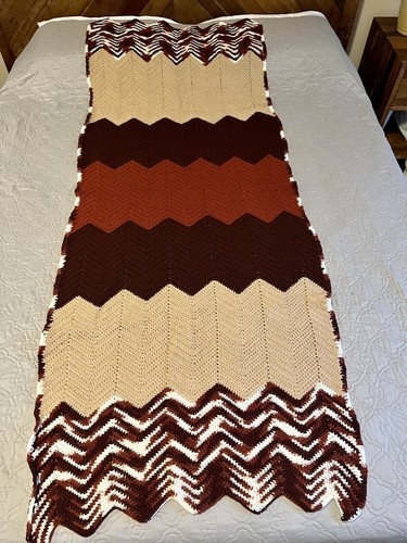 Handmade Crochet Earth Tones Zig Zag Afghan Blanket Size 76”x30” Throw Chevron - Picture 4 of 9