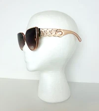 Sunglasses Womens Pink Clear Frame With Round Link Design Gold Trim Cat Eye NEW