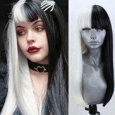 Long Straight Half Black White Wigs with Bangs Synthetic Halloween Cosplay Party