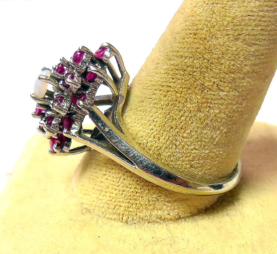 Solid 14k White Gold Opal and Ruby Set Vintage Es… - image 2