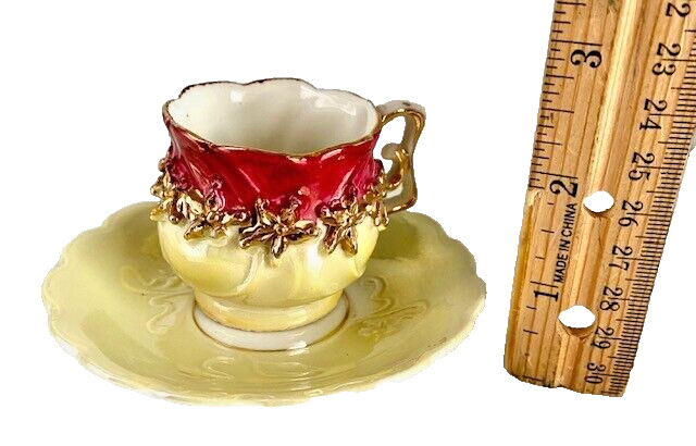 BEAUTIFUL Antique Red and Gold Demitasse Tea Cup  (2") & Saucer (3.5") Set