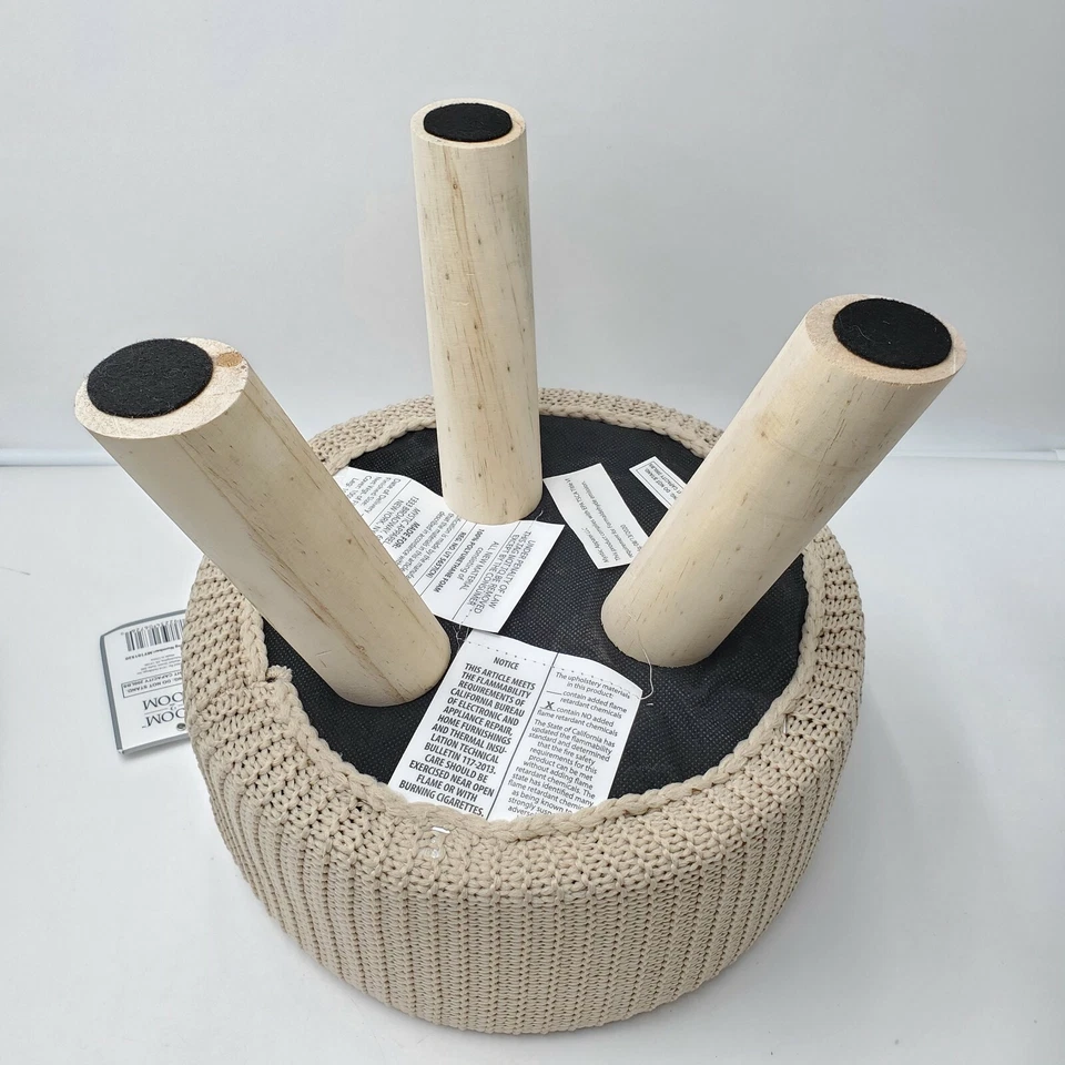 Foot Stool Round Natural Tan Boho Scandinavian Pouf Floor Ottoman Wood New 11"  - Image 4 of 4