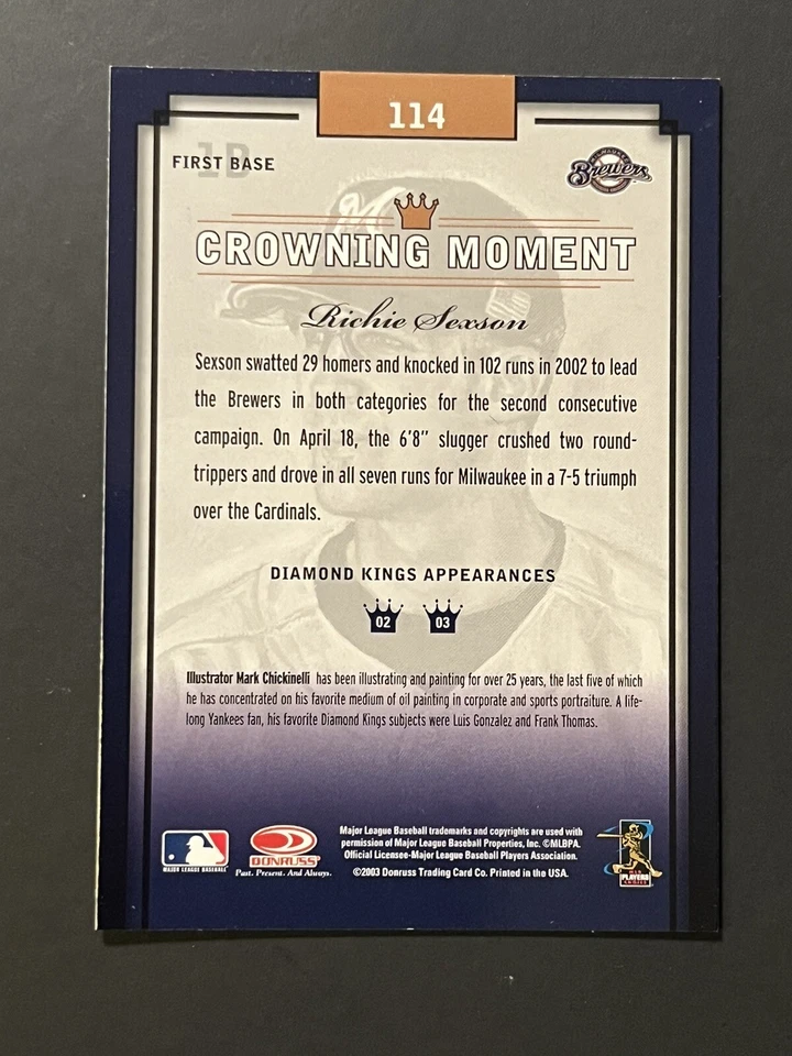 2000 donruss diamond kings Richie Sexson #114 - Image 2 of 2