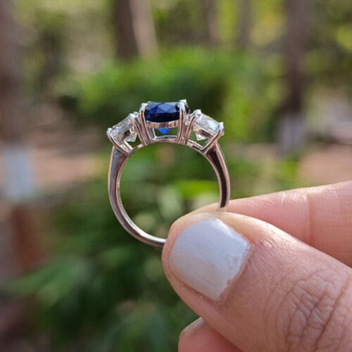 3.60Ct Round Blue Sapphire Diamond Trilogy Wedding Ring 14k White Gold Finish - Picture 4 of 7
