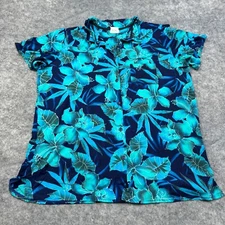Miraclesuit Shirt Womens L Blue Floral Button Up Stretch Aloha Tropical Beachy