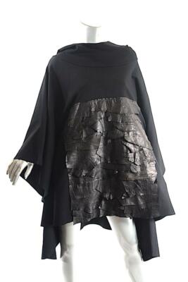 BNG Design Black Rayon Blend Hooded Ruffle Leather Embellished Poncho  Sz 2 / L