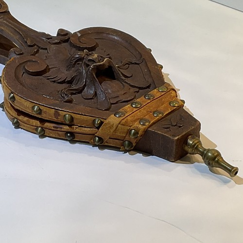 Antique hand carved fireplace Bellows From The 1800s wood and leather - Picture 6 of 12