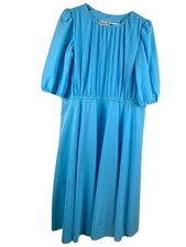 Sally Lou Womens Blue Blouson Midi Dress Tie Waist 3/4 Sleeve Pleated Vintage