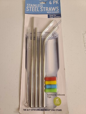 Stainless Steel Straws with Cleaner 4-Pk Silicone Tips Straight Bent BPA Free 