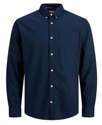 JACK & JONES Herren Oxford Hemd Langarm Slim Button Down Kragen Navy Blau
