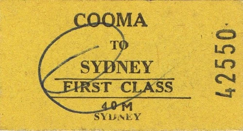 Railway tickets NSWGR SRA Cooma to Sydney adult first class single 1981