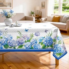 Arquiel Hydrangea Floral Tablecloth Waterproof, Blue Flower Butterfly Table C...