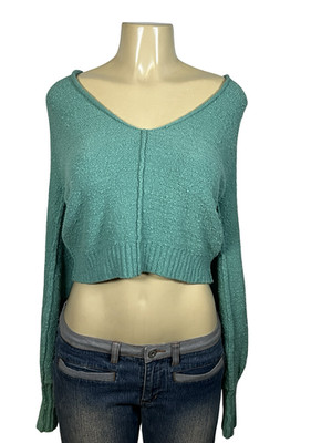Free People Sweater Womens XS Green Cropped V Neck Textured Knit Pullover