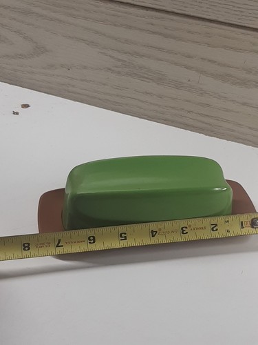 Plato de mantequilla de plástico verde y marrón aguacate vintage MCM - Imagen 8 de 9