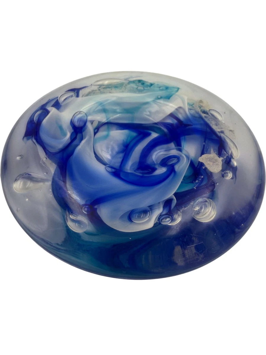 Glass Sculpture Blue Swirls Signed Kelly Lowe Art Piece Collectable Ornament