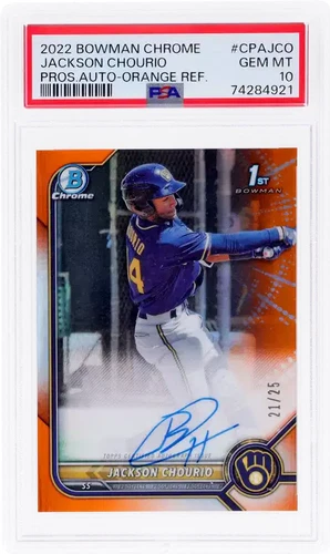 JACKSON CHOURIO 2022 BOWMAN CHROME Rookie Orange Refractor /25 PSA 10