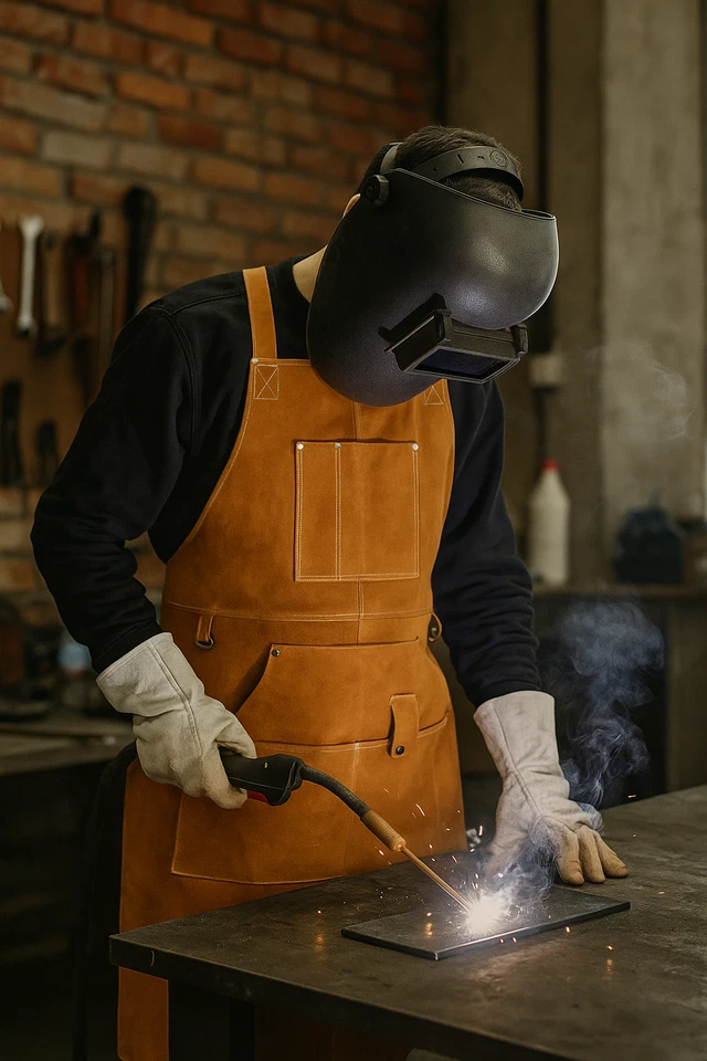 Delantal/babero de trabajo de soldadura de cuero de vaca genuino resistente al fuego/calor resistente Foto 4 de 4