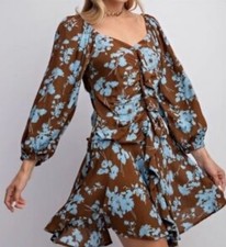 Entro Dress Blue And Brown Floral Long Sleeve Dress NWT Large