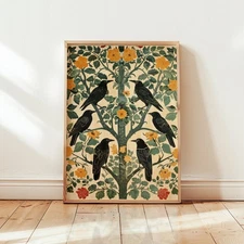 Vintage Crow Art Print – Art Nouveau Floral Tree Wall Art Home Decor Poster