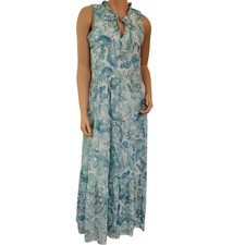 Calvin Klein Dress Size 8 Sleeveless Floral Ruffle Tiered Maxi Blue Green