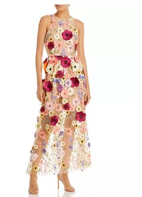 Milly Maxi Dress Hannah 3D Floral Sleveless Size 4 Nude/Multi