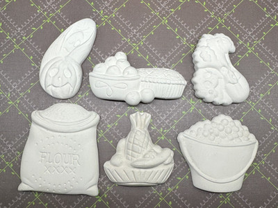 6pc-Corn/Pumpkin.Apples,Celery,Flour,Fruit,Bucket-Unpainted Ceramic Magnets