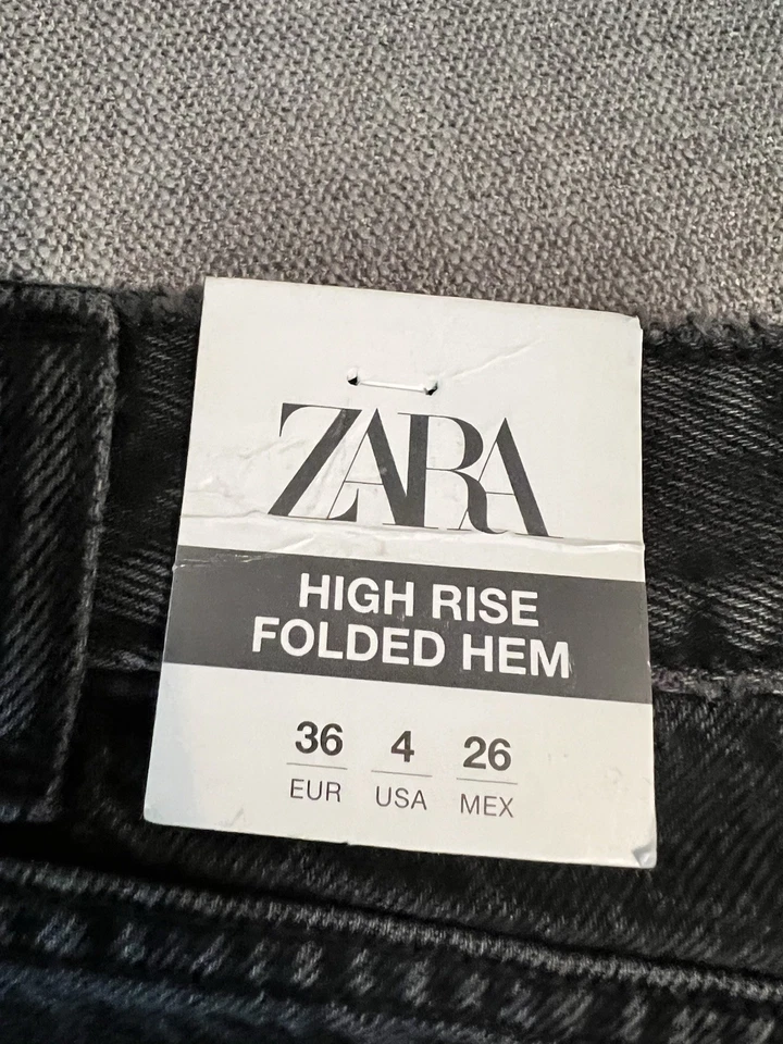 Zara Jeans Women Size 4 High Rise Folded Hem Black Denim Bikercore Grunge NWT - Image 2 of 4