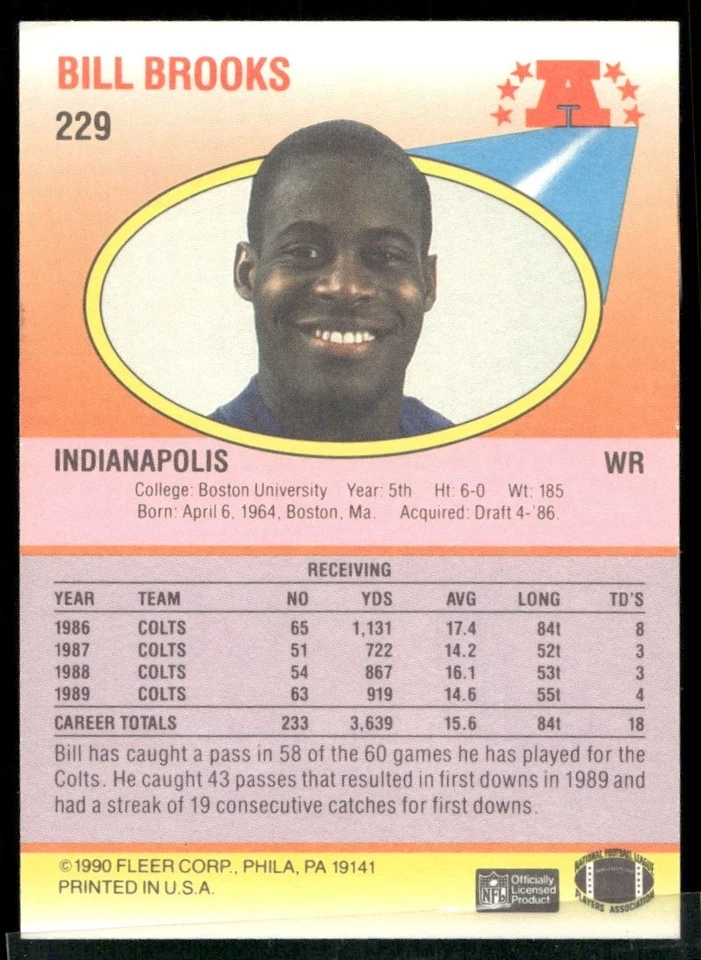1990 Fleer Bill Brooks Auto Indianapolis Colts #229 - Image 2 of 2