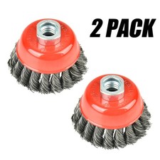 2 x AAIN 3" Twisted Knotted Cup Brush w/ 5/8"-11,Wire Wheel Brush Threaded Arbor