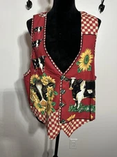 Womens Vintage Red Country Vest Farm Cows Rodeo Sunflower Handmade Unsized EUC