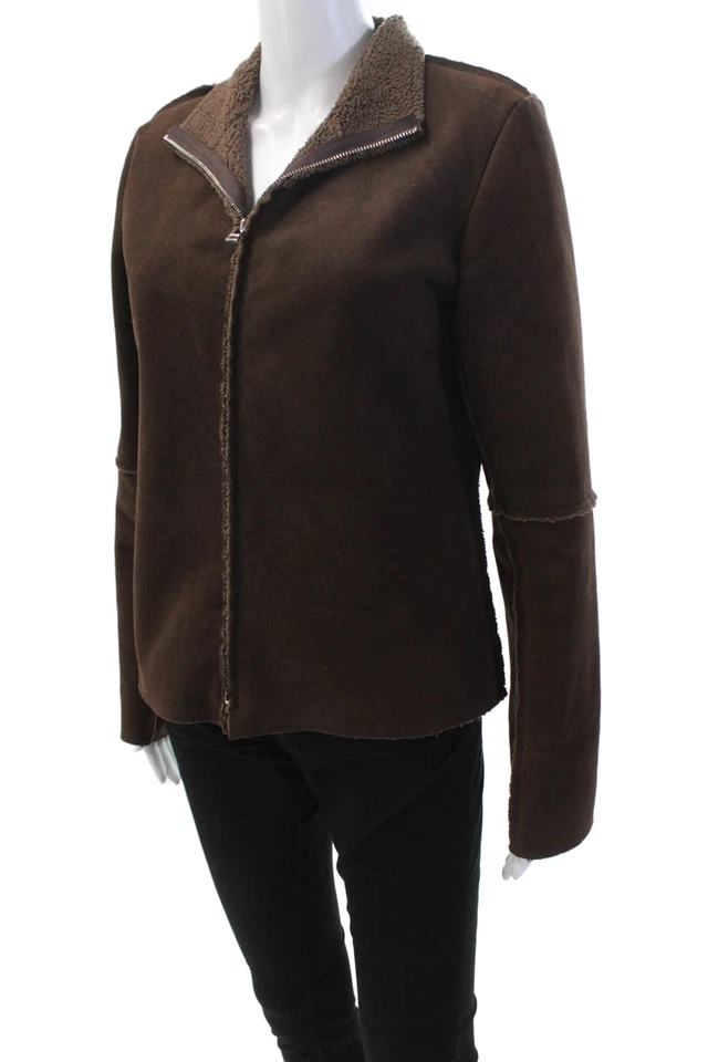 天鹅绒女式全拉链模拟领夹克巧克力棕色 M 码 — 第 2/4 张图片