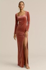 NWT Jenny Yoo Rachel Velvet Square-Neck Side Slit Maxi Gown in English Rose