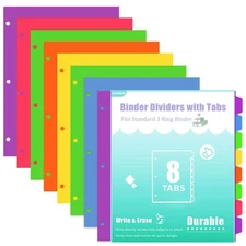 3 Ring Binder Dividers with Tabs - 8-Tab Colorful Plastic Page Dividers for L...
