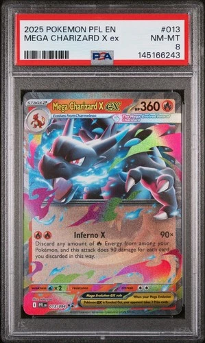 MEGA CHARIZARD X EX #013 DOUBLE RARE 2025 POKEMON PFL EN PHANTASMAL FLAMES PSA 8