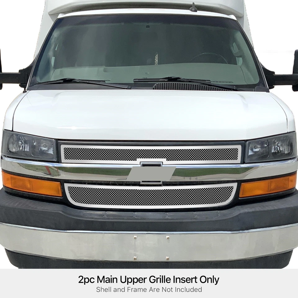 Inserto de rejilla de malla cromada superior principal superior de acero inoxidable para camioneta Chevy Express 2003-2020 Foto 3 de 4