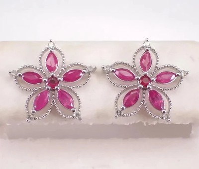 2.40Ct Marquise Cut Lab-Created Ruby Flower Stud Earrings 14K White Gold Plated