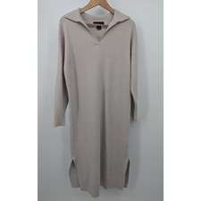 Tahari Sweater Dress Small Beige Midi Collared V Neck Long Sleeve Knit Womens