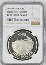 1985 BERMUDA SILVER DOLLAR S$1 CRUISE SHIP TOURISM NGC PR 69 ULTRA CAMEO