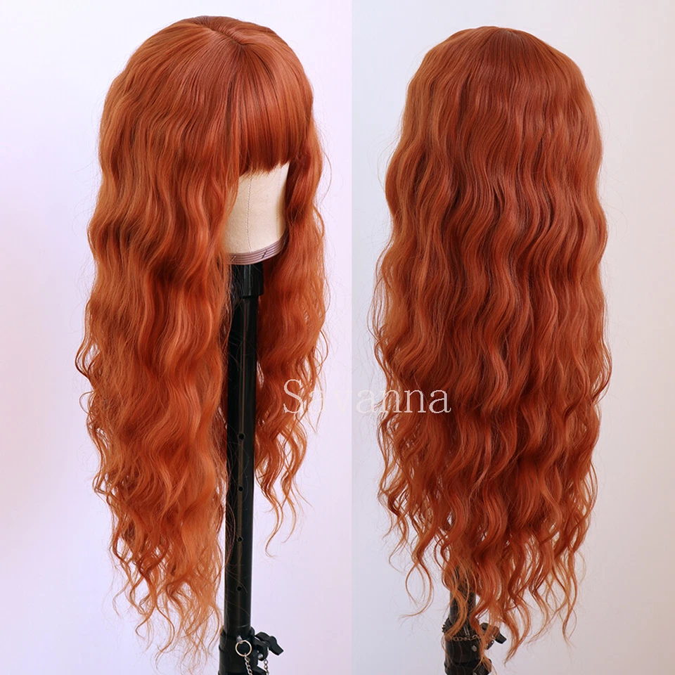 Heat Resistant Orange Synthetic Hair Wigs No Lace Cosplay Party Wig Full Bangs - Image 4 of 4